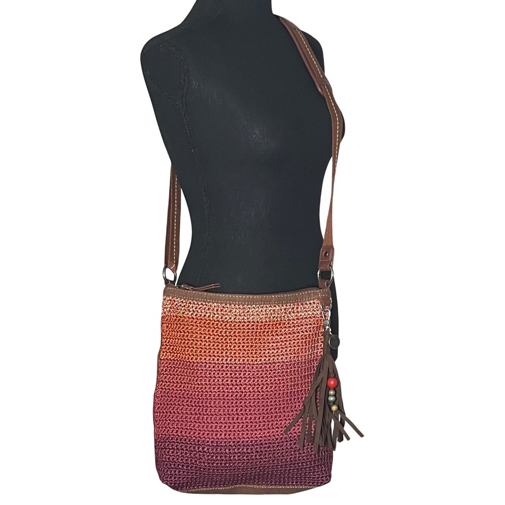 The Sak Lucia Crochet Crossbody Bag Sunset Stripe Ombre Boho Fringe Charm
